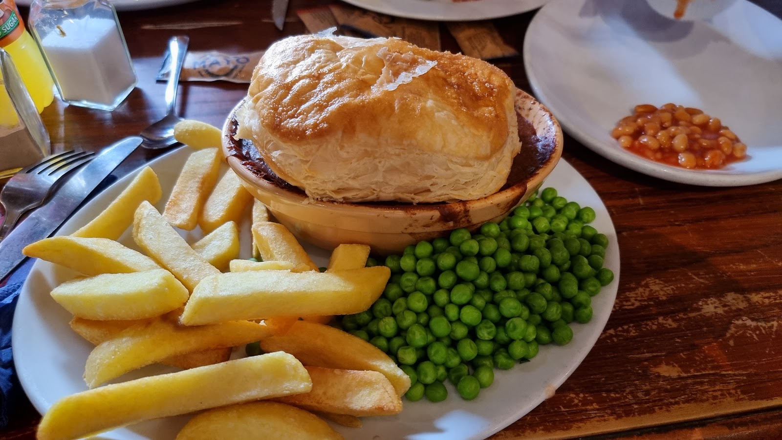 Steak & Doom Bar ale pie with chips and garden peas