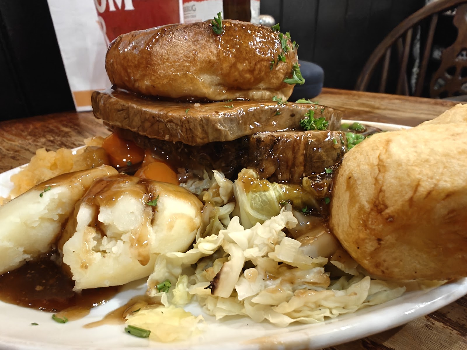 The Sunday roast up close — Yorkshire pudding and proper gravy